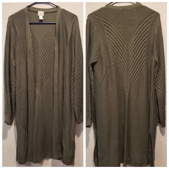 Chico's Size 3  Long Open Front Cardigan Olive Green Acrylic Classic - Picture 1 of 10